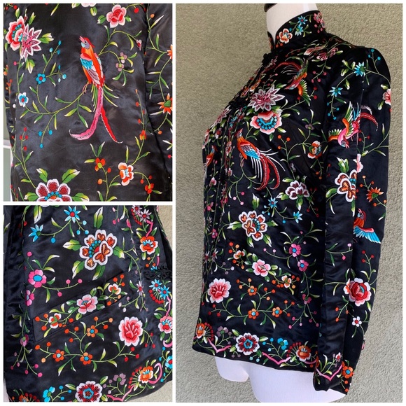 Exquisite Embroidered Asian Black Satin Jacket - Picture 2 of 8